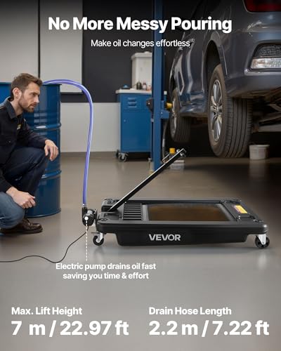VEVOR Low Profile Oil Drain Pan, 17-Gallon Plastic Oil Change Pan, Effective Oil Drain Cart with 180W Electric Pump, Wheels & Folding Handle, Oil Drain Tank for Cars, SUVs, Trucks, Buses, RVs