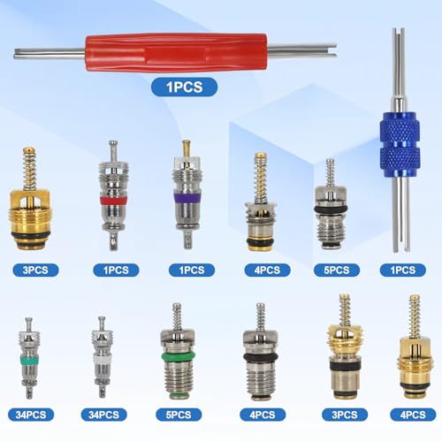 102Pcs Auto Air Conditioning Valve Core Accessories Kit A/C R12 R134a Automotive Air Conditioning Refrigeration Tire Valve Stem with Double Head Dismantling and Installer Tool Assortment Kit