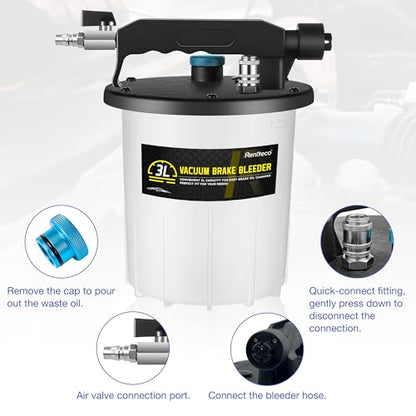 Reniteco 3L Vacuum Brake Bleeder Kit - One Person Brake Bleed Fluid Pump Brake Bleeding Tool with 3L Brake Fluid Extractor and 1L Refilling Bottle