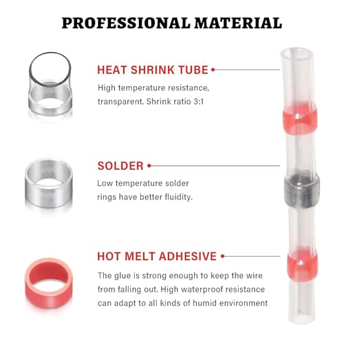 RED WOLF 200 PCS Solder Seal Wire Connector Kit 26-10 Gauge AWG, Self Soldering Wire Heat Shrink Butt Splice Waterproof Insulated Electrical Joint Wire Terminals for Marine Automotive Boat Truck