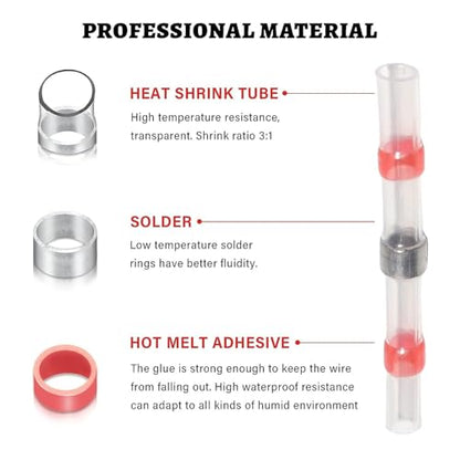 RED WOLF 200 PCS Solder Seal Wire Connector Kit 26-10 Gauge AWG, Self Soldering Wire Heat Shrink Butt Splice Waterproof Insulated Electrical Joint Wire Terminals for Marine Automotive Boat Truck