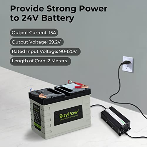 24V 15A LiFePO4 Battery Charger, RoyPow 24V Lithium LiFePO4 Battery Charger 29.2V Lithium Battery Chargers, 15A Smart Battery Maintainer, Designed for 24V LiFePO4 Deep Cycle Rechargeable Batteries