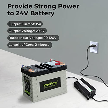 24V 15A LiFePO4 Battery Charger, RoyPow 24V Lithium LiFePO4 Battery Charger 29.2V Lithium Battery Chargers, 15A Smart Battery Maintainer, Designed for 24V LiFePO4 Deep Cycle Rechargeable Batteries
