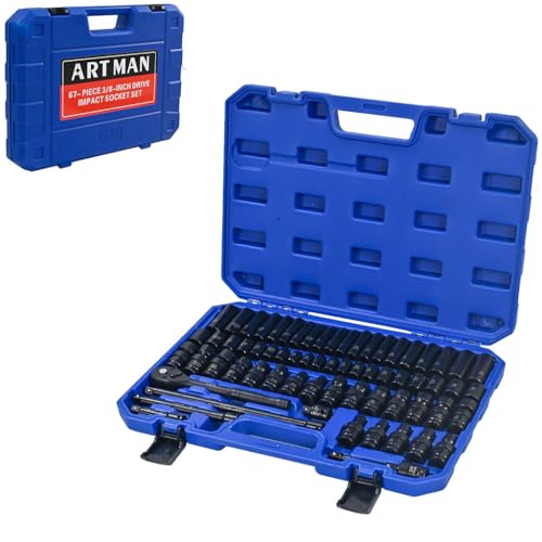 67-Piece Air Tool and Accessories Kit, Professional Pneumatic Socket Set with Long & Short Metric & SAE Sockets, Universal Joints, Extension Rods, Ratchet Wrench, Quick Connectors & Storage Case