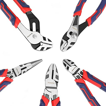 WORKPRO Pliers Set, 5-Piece Premium Cr-V Pliers Kit with Storage Pouch | 6 Inch Slip Joint, Long Nose, Diagonal Cutter, 8 Inch Groove Joint, 7 Inch Linesman, Ergonomic Grip, for Basic Repair - size: 5-piece