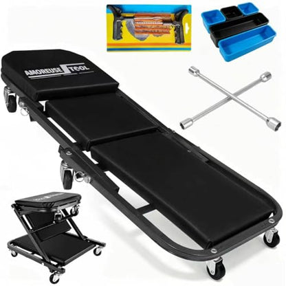 36" Folding Creeper with Tire Kit, Cross Wrench & 5 Boxes, 330 LBS | Steel folding creeper converts to seat. Low 4.5" profile. Folds flat. 6 swivel casters. - color: Black with Tire Kit, Wrench & Storage