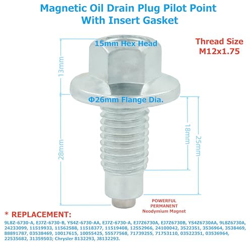 2PCS M12x1.75 Magnetic Oil Drain Plug Pilot Point With Insert Gasket 5PCS, fit for Ford GMC Buick Replace 090-936CD, 090-091, 090-091.1, 653096US, 65372, 11519933, 11562588, EJ7Z-6730-A, EJ7Z6730B - size: M12x1.75