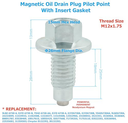 2PCS M12x1.75 Magnetic Oil Drain Plug Pilot Point With Insert Gasket 5PCS, fit for Ford GMC Buick Replace 090-936CD, 090-091, 090-091.1, 653096US, 65372, 11519933, 11562588, EJ7Z-6730-A, EJ7Z6730B - size: M12x1.75