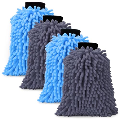 4Pcs Car Wash Mitt Microfiber Gloves Chenille Material Microfiber Towels for Car Washing Supplies Kit Scratch Free Cleaning Gray + Sky Blue - size: Gray + Sky Blue