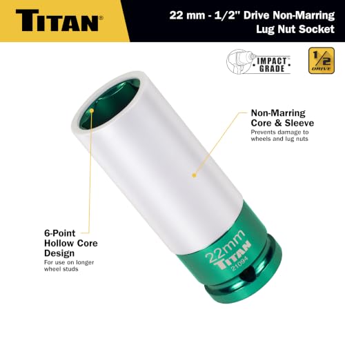 Titan 21094 1/2-Inch Drive x 22mm Non-marring Impact Deep Lug Nut Socket - size: 22mm