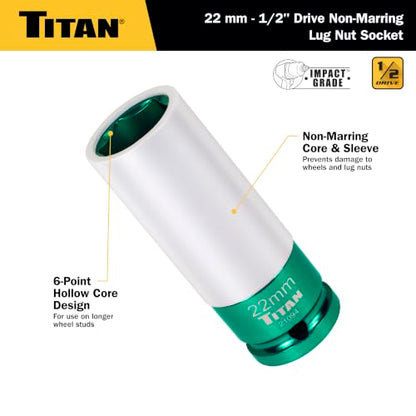 Titan 21094 1/2-Inch Drive x 22mm Non-marring Impact Deep Lug Nut Socket - size: 22mm