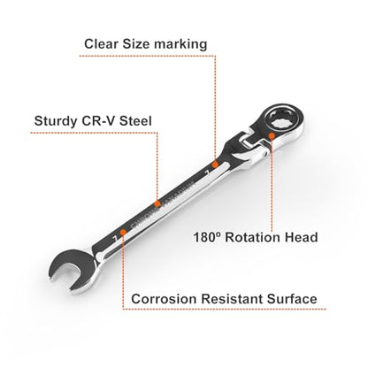 Egofine 7mm Ratchet Wrench Flex Head, Ratcheting Combination Wrench Metric, Industrial Grade Gear Spanner with 12 Point Box End, 72-Teeth Ratchet, Chrome Vanadium Steel - style: 7mm