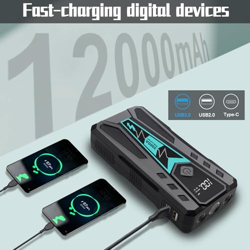 5000A Car Jump Starter for Truck SUV Boat Diesel | 12V 10L Gas/9L Diesel Battery Booster, 12000mAh Power Bank Fast Charge, 9-Layer Smart Clamps, 3-Mode LED, Portable Hard Case - color: black