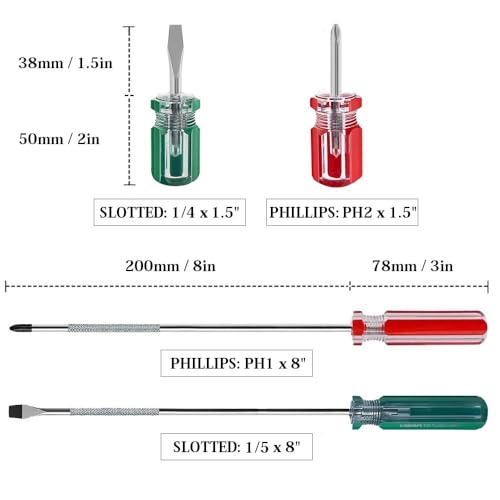 4-Piece Magnetic Screwdrivers Set, 2 Phillips and 2 Flat, Long & Stubby Blade Design, Precision 5mm 6mm Driver Tool - color: Green & Red