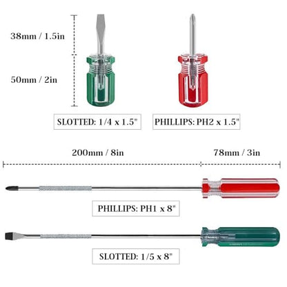 4-Piece Magnetic Screwdrivers Set, 2 Phillips and 2 Flat, Long & Stubby Blade Design, Precision 5mm 6mm Driver Tool - color: Green & Red