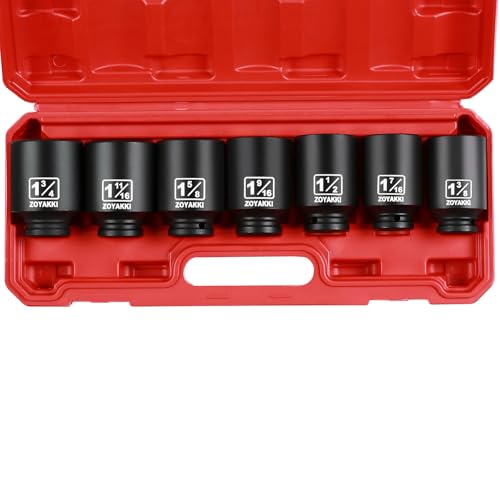 1/2" Drive Deep 6-Point Impact Socket Set,7 PCS Standard SAE (1-3/4 to 1-3/8inch) Spindle Axle Nut Impact Socket Set,Cr-Mo Alloy Steel for Auto Repair, Storage Case - size: 1/2" SAE 7PC Set