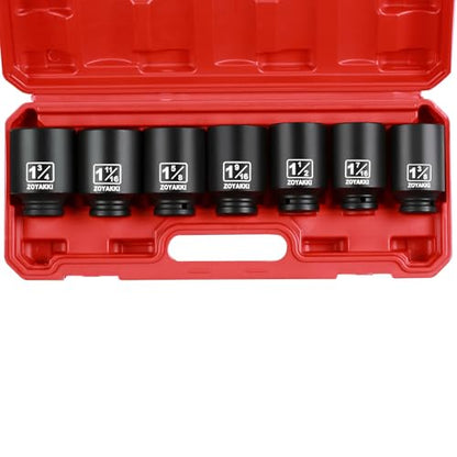 1/2" Drive Deep 6-Point Impact Socket Set,7 PCS Standard SAE (1-3/4 to 1-3/8inch) Spindle Axle Nut Impact Socket Set,Cr-Mo Alloy Steel for Auto Repair, Storage Case - size: 1/2" SAE 7PC Set