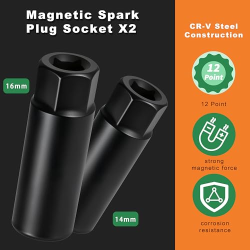 AEROFORCE 9PCS Magnetic Spark Plug Socket Set with a 3/8" Drive Digital Torque Wrench (6.8-135Nm), Includes 12-Point 14mm & 16mm Spark Plug Sockets for cars, motorcycles, lawnmowers - size: 9PCS