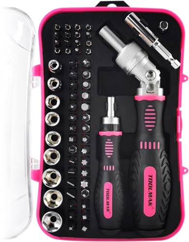 TOOLMAK Ratcheting Screwdriver Set, 61pcs Socket & Precision Bit Set | Cr-V Steel, Rotatable Ratchet Handle & Storage Case, Ideal for Bikes, Electronics, Watches & Glasses - style: 61pcs Pink Ratchet Screwdriver