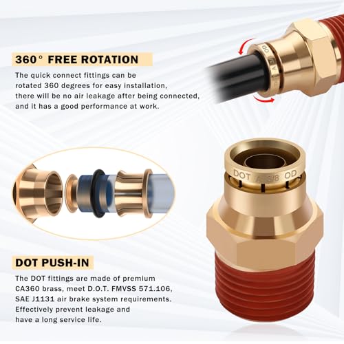 CheeMuii 3/8 Brass DOT Air Fittings With 32.8FT 3/8" DOT Air Line Kit Quick Connect DOT Air Line Fittings and PA12 Pneumatic Tubing for Semi Truck Trailer or Industrial Air System - size: 3/8Inch-15Pcs