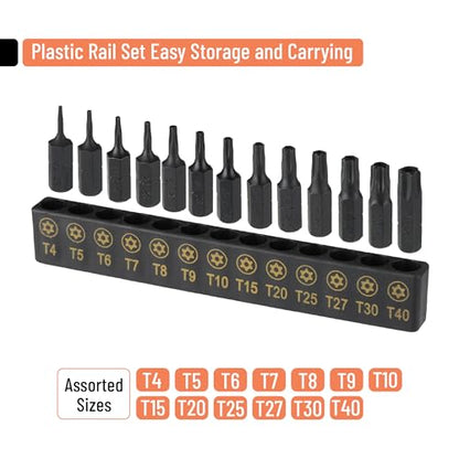 Bates- Tamper Proof Torx Bit Set, 14 pcs, T4-T40 with 1/4" Ergonomic Magnetic Bit Driver