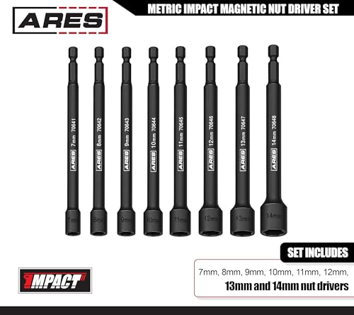 ARES 70640 8-Piece Metric Magnetic Impact Nut Driver Bit Set | Impact Grade Nut Setters with Industrial Strength Magnets - size: 8pc Metric Magnetic Impact Nut Driver Set