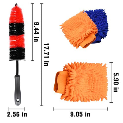 Wheel Brush and Car Wash Mitts Set, 3 PCS Car Cleaning Kit, 17 Inch Soft Bristle Wheel Cleaner Brush with 2 Microfiber car Wash Mitts, Scratch-Free Rim Tire Detailing Brush for Wheels, Tires, Rims