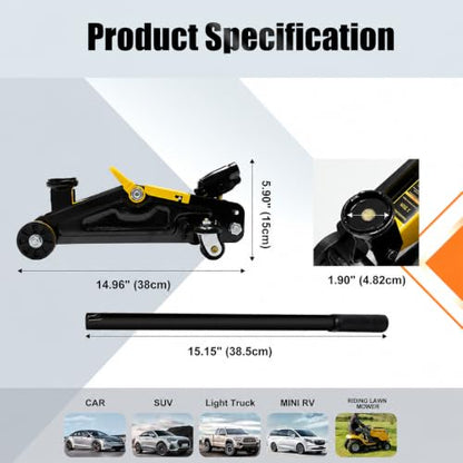 2 Ton Hydraulic Floor Jack | Heavy Duty Low Profile, Steel Construction, Fast Lift, 360° Swivel Casters, Large Saddle - size: 2T