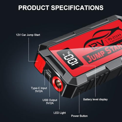 8000A Car Jump Starter, 12V Jump Starter Battery Pack (All Gas,up to 10.0L Diesel Engine) Jumper Cables Portable Lithium Jump Box, USB Output and LED Light (red) - color: red