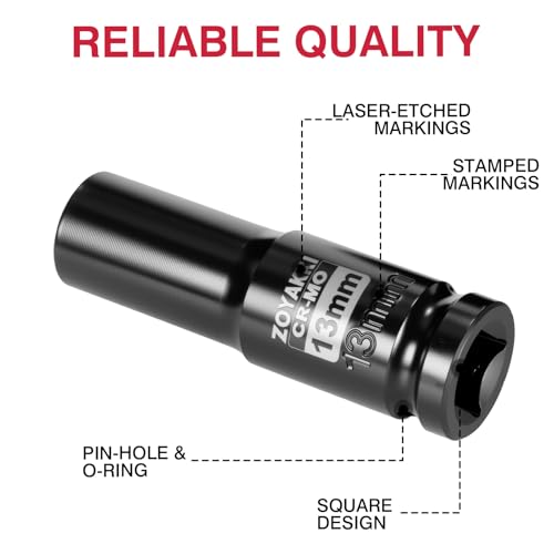 13mm Socket 1/2" Drive Deep 6 Pt CR-MO Metric Impact Socket for Axle Shaft Nut Removal - size: 13mm, style: 1/2" Drive Deep