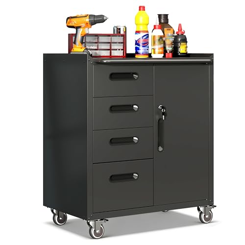 Garage Cabinets,Metal Garage Storage Cabinet with Wheels,Black Lockable Rolling Tool Cabinet with Drawer and Adjustable Shelves,Heavy Duty Tool Chest for Home Office Utility Room - color: Black, size: 4 Drawers & 1 Door
