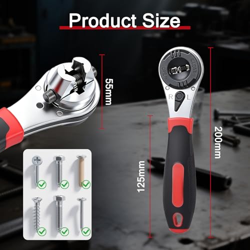 Adjustable Ratchet Wrench, Universal 6–22mm (1/4"–7/8") Compact Ratcheting Wrench for Tight Spaces, Reversible 60-Tooth Gear, Non-Slip Handle for Auto & Home Repair
