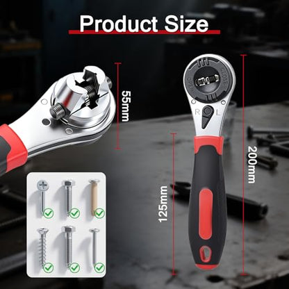 Adjustable Ratchet Wrench, Universal 6–22mm (1/4"–7/8") Compact Ratcheting Wrench for Tight Spaces, Reversible 60-Tooth Gear, Non-Slip Handle for Auto & Home Repair
