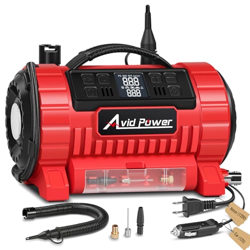 AVID POWER Portable Tire Inflator Air Compressor, 110V AC/12V DC Dual Power | Fast-Inflating Air Pump with 5 Preset Modes, Digital LCD Gauge, Inflation & Deflation for Car, Bike Tires & Air Mattresses - color: Red, size: Medium
