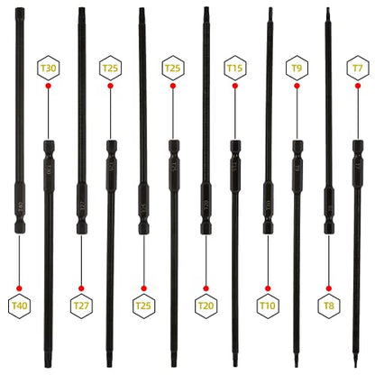 6" Long Torx Bit Set (12 Pack of Drill Bits with Case) Security Tamper Proof Star Design in T7, T8, T9, T10, T15, T20, T25 x 3, T27, T30, and T40 - style: Extra Long Torx Bits