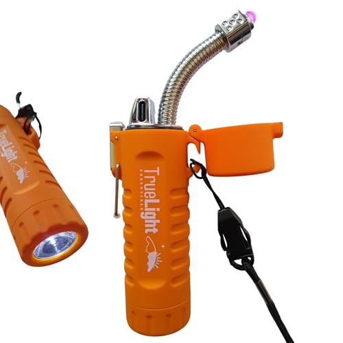 TrueLightEssentials Electric Rechargeable Plasma Lighter - Waterproof USB Arc Lighters with Flashlight LED Battery Indicator and Flexible Neck for Candle Survival Camping Emergency (Orange, Long) - color: Orange