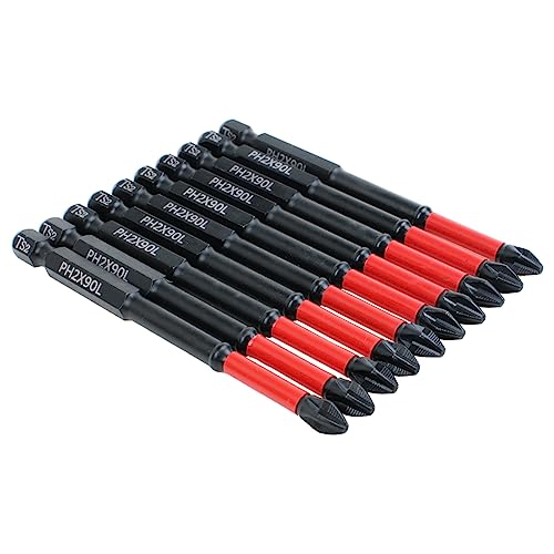 10 Pack PH2 Magnetic Anti-Slip Screwdriver Bits, 3.5 Inch | PH2 Long Phillips Bits with Anti-Slip Tip, Strong Magnetic Holding Impact-rated Durability Phillips #2 Bits for Impact Driver - size: Length:90mm