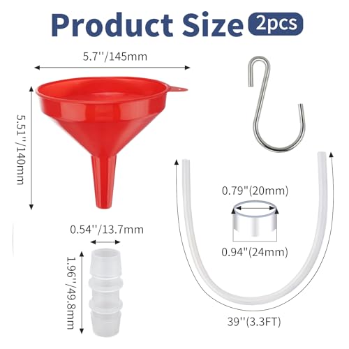 2-Pack Plastic Wide Mouth Funnels with 6.56 ft Clear Hoses & Hooks | Transmission Funnel Kit with cuttable 6.56 ft clear hoses, connectors and S-hooks, for oil, fuel, water and fluids