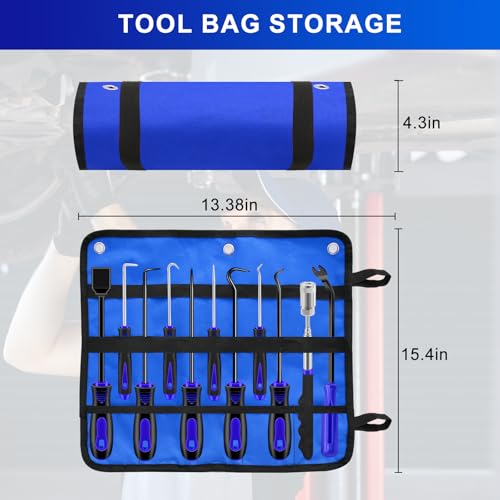 11PCS Mechanic Hook and Pick Tool Set, Automotive Hook Tool with Telescoping Magnetic Pickup Gasket Scraper Fastener Remover for Automotive Repair Hoses Puller (Blue)