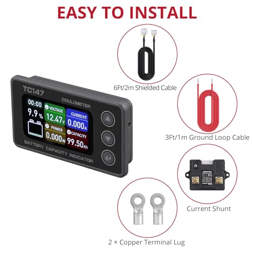 BINTA 0-50A Small Battery Monitor Shunt Voltmeter Ammeter for Lifepo4 Lithium, Backlight Waterproof Battery Meter for Auto Car Motorhome Golf Cart Portable Power Systems