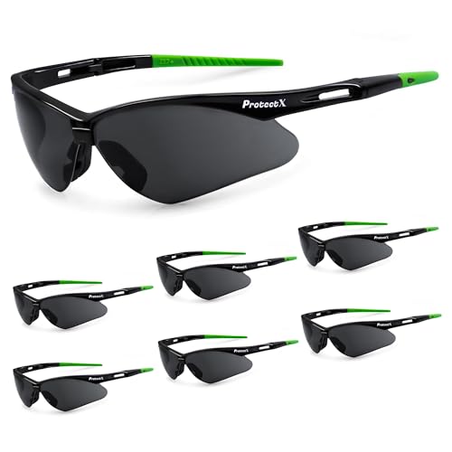 ProtectX Safety Glasses for Men & Women, Safety Sunglasses with Anti-Fog Scratch Resistant Lenses, Non-Slip Grips, ANSI Z87.1 - color: Evergreen Tinted Smoke 6 Pk