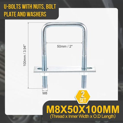 DTGN M8x50x100mm U Bolts Square Kit - 2Set - Carbon Steel U-Bolt Kit with Nuts, Washers, Frame Plate - Good for Pipe, Trailer, Automotive, Leaf Spring Fastener - size: M8x50x100mm
