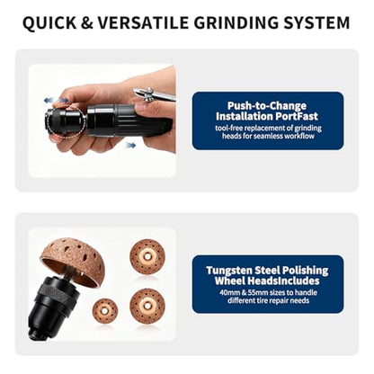 Pneumatic Tire Plug Tools Kit 2500RPM Low Speed Tire Buffer Grinder with Tungsten Steel Grinding Head, Tire Scraper, Rubber Pressure Roller Tire Patch Kit for Auto Tire Repair and Maintenance