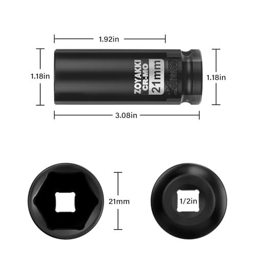 1/2" Drive 21mm Deep 6 Pt CR-MO Metric Impact Socket for Axle Nuts - size: 21mm, style: 1/2" Drive Deep