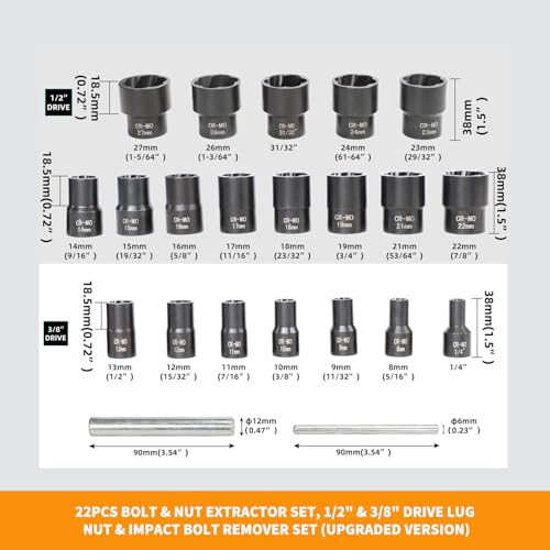 22 Piece Bolt Nut Extractor Set, 1/2" & 3/8" Drive Impact Lug Nut Removal Tool & Wheel Lock Removal Kit for Stripped, Damaged & Frozen Nuts, Bolts & Screws