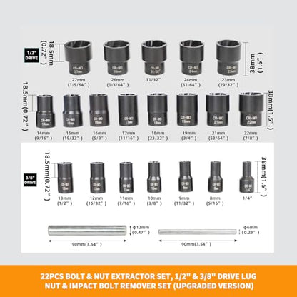 22 Piece Bolt Nut Extractor Set, 1/2" & 3/8" Drive Impact Lug Nut Removal Tool & Wheel Lock Removal Kit for Stripped, Damaged & Frozen Nuts, Bolts & Screws