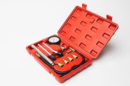 PMD Products Engine Cylinder Compression Tester Kit with Extender Tubes, 5 Spark Plug Adapters (M10, M12, M14, M16, M18), Dual Scale Compression Gauge, and Quick Check Rubber Cones