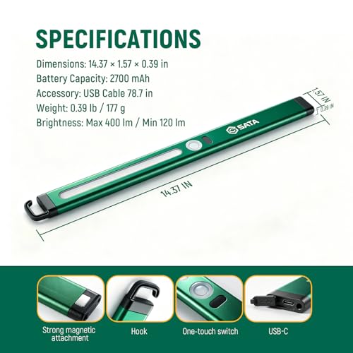 SATA Ultra-Slim Ruler-Style LED Inspection Light with Magnetic Back,400LM, 2700mAh, Rechargeable SMD Work Light for Underhood, Auto Repair, Garage, Workshop