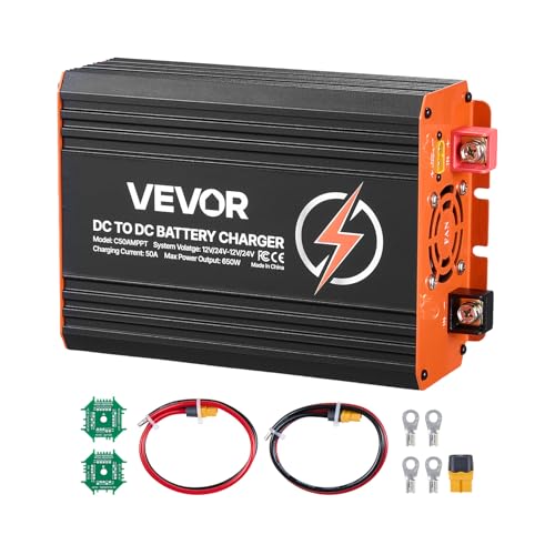 VEVOR DC to DC Charger with MPPT, 650W, 50A On-Board Battery Charger, Solar Panel/Alternator Dual Input, Smart Multi-Stage Charging for LiFePO4 Lead-Acid Batteries, 12V/24V-12V/24V, for RV Home Backup - size: 9.25 x 5.71 x 2.76 in