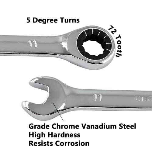 2 Pcs 11mm Ratchet Wrench Metric Ratcheting Wrench Set with 5° Movement and Hardened & 72 Teeth for Projects Metric Tight Spaces - size: 11 mm